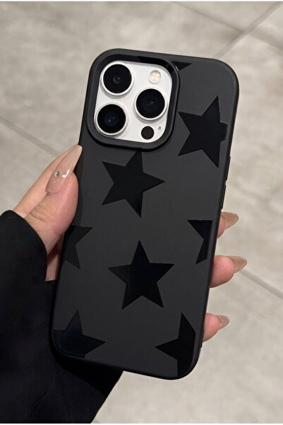 iPhone 16 Pro Compatible Black Embossed Star Pattern Velvety Soft Touch Silicone Phone Case