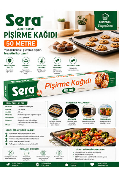 SERA Yağlı Pişirme Kağıdı 50 Metre x 37 cm Fırın ve Airfryer Pişirme Kağıdı