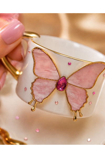 luxurychampagnetr Two-Person Pink Stone Figure Detailed Luxury Turkish Coffee Cup – Ceramic Premium Coffee Cup with Gold Handle
