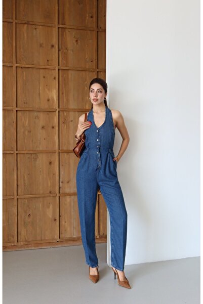 Eda Başak Atelier Ön Düğmeli Halter Yaka Tensel Tulum