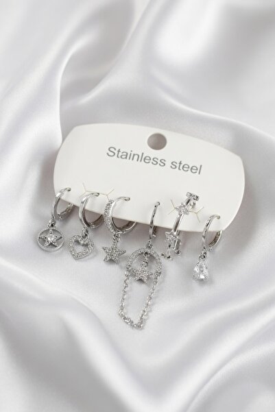 Jadem Gold 316L Stainless Steel Zircon Stone Chain Detailed Women's Earring Set