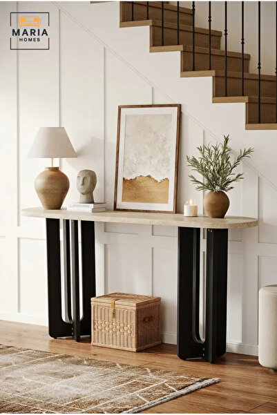 MARIA HOMES Modern Marble Top Console Table with Wooden Base for Entryway, Ha...