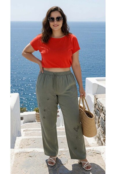shE tekstil Heart Mesh Embroidered Plus Size Linen Trousers