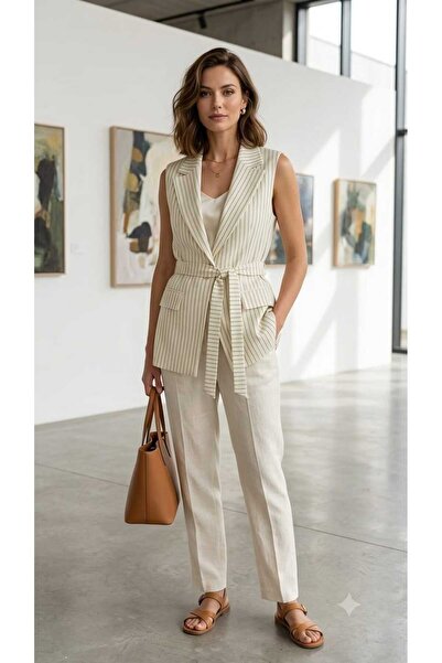 Sarem Moda Sarem Kadın Düz Çizgili Desenli Blazer Yaka Kuşaklı Ceket Kruvaze ...