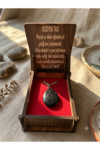 Meneva Aksesuar Obsidian Stone Natural Stone Drop Model Necklace with Wooden Box