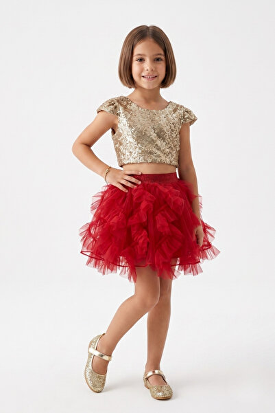 Le Mabelle Red Tulle Skirt for Girls with Ruffle Detail - Mildred