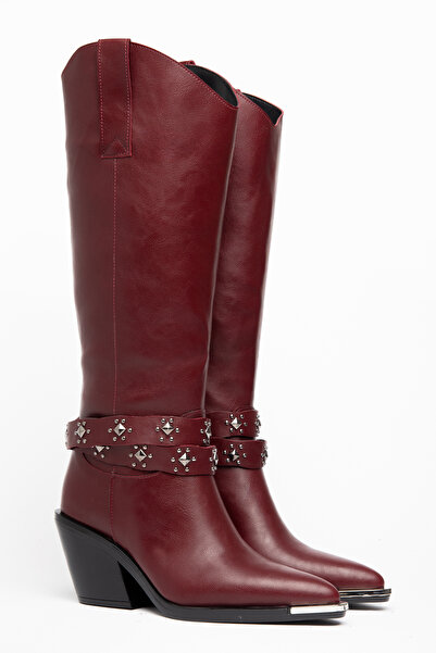 DENORA Burgundy Matte Leather Metal Toe Cap Below the Knee Staple Belt Detail...
