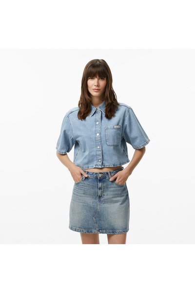 Calvin Klein Boxy Cropped Denim Vintage Kadın Mavi Gömlek