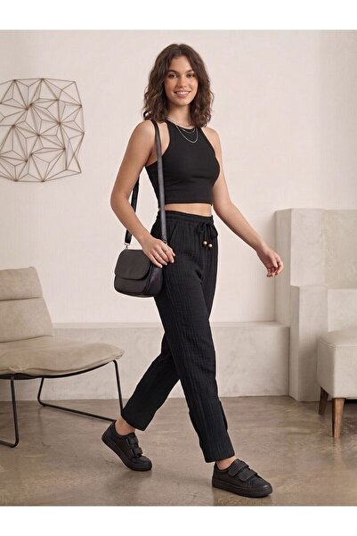 Flubutik Women's Black Muslin Cotton Pleated Trousers