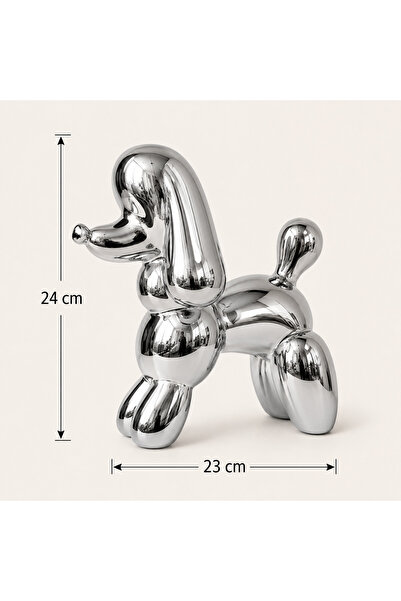 Atak Hediyelik Poodle Köpek Heykeli Silver-Porselen Krom Kaplama Dekoratif Po...
