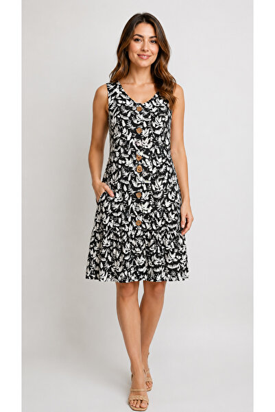 BUTİK AYVİTRİN Women's Thick Linen Fabric Skirt Ruffled Patterned Dress