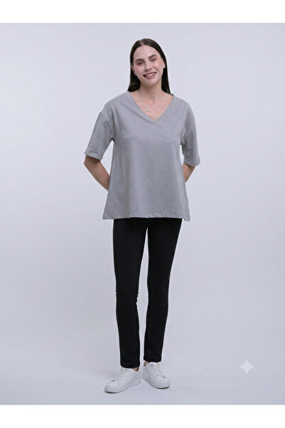 MODAM DENSTINY Women's V-Neck White Flared Oversize Short Sleeve Cotton T-Shirt