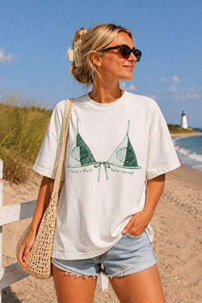 GIA - ART Tricou supradimensionat pentru femei Tara Beach, imprimat alb – Dec...