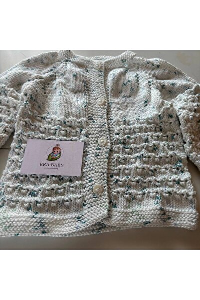 Genel Markalar El Örgüsü Bebek Hırkası Düğmeli Triko Hırka Ekru Kırçıllı Unisex 0-3 Ay, 3-6 Ay