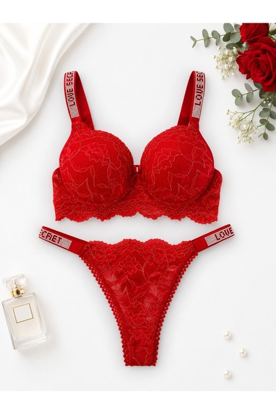 Gold Night Women's lace rhinestone underwire padded push-up bra and panty set...