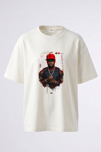 Anetos تي شيرت أبيض كبير الحجم مطبوع بتصميم 50 Cent_12 للجنسين