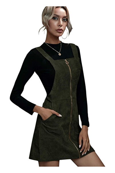 OEM Rochie tip salopeta, din tricot, kaki, scurta, marime M
