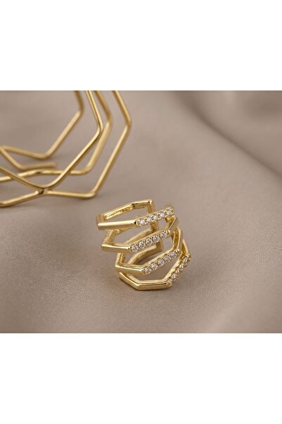 Taşlı Gold Detaylı Geometrik Ayarlanabilir Sıkıştırmalı Halka Modern Şık Çelik Kıkırdak Küpesi