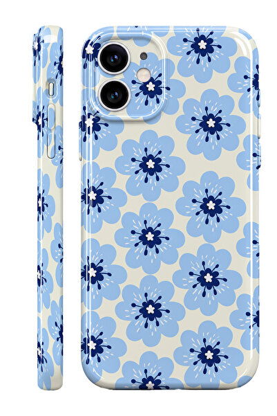 WANNA PROTECT iPhone 12 Blue Bloom Protect Slim Parlak Tam Kaplayan Baskı Kam...