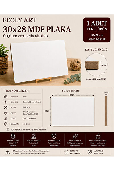Feoly Art MDF - 30x28cm Beyaz Lam MDF Plaka | 3mm / 1 Adet |