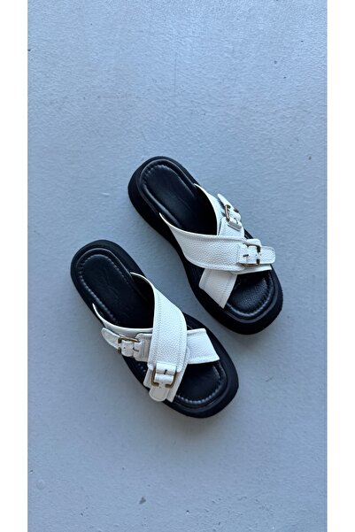 Eataly Shoes İndiamo White Cross-Strapped Genuine Leather Slippers