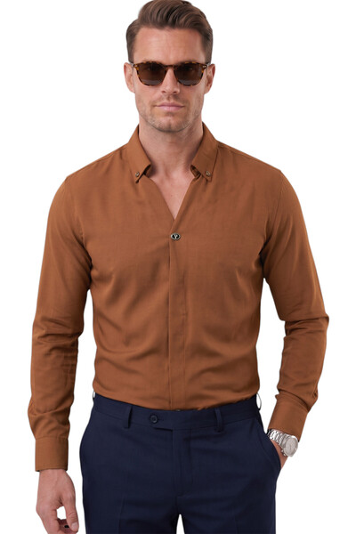DeepSEA Light Brown Slim Fit Easy-Iron Open Collar Lycra Men's Shirt 2602615