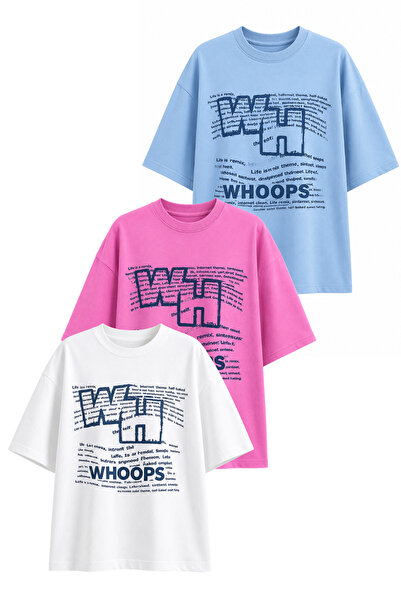 Merci Women's Oversize Whoops Printed Lycra Crew Neck T-Shirt Set of 3 (95% C...