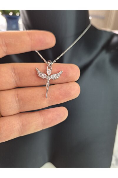 Genel Markalar Silver Kafası Tektaş Kanatları Zirkonlu Melek Tasarım Çelik Kolye