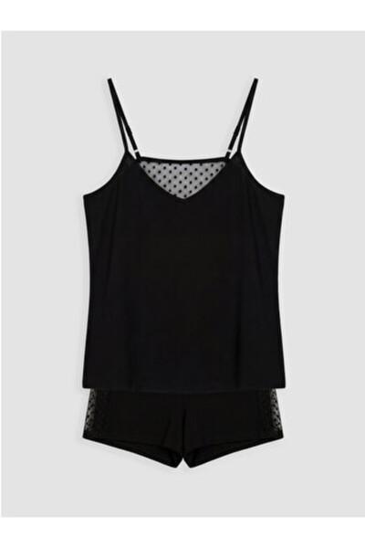 LC Waikiki Black Polka Dot Rope Strap Women's Shorts Pajama Set