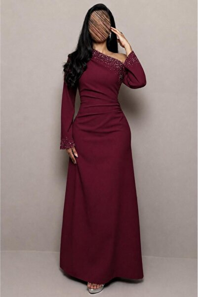 Jood Burgundy Evening Dress with Slanted Shoulder and Pearl Embroidery