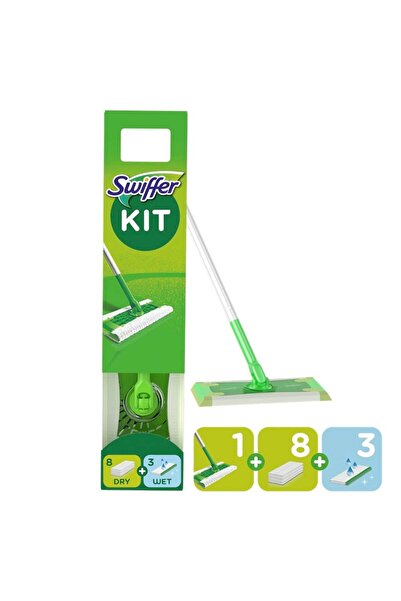 OEM Swiffer, Set mop plat si rezerve, 3 rezerve umede, 8 rezerve uscate, Verde