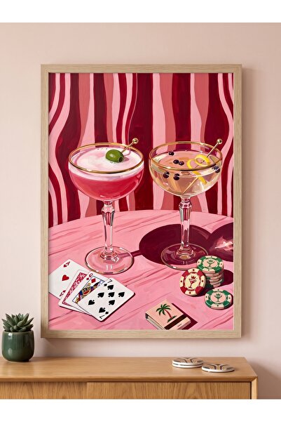 DEKORASOR Ahşap Çerçeveli Tablo Pembe Kokteyl Ve İskambil Kartı Temalı Retro ...