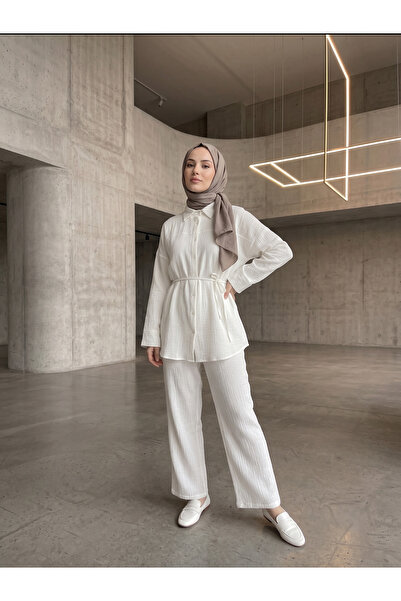 Foremia Roba Detail Muslin Trouser Suit-Ecru