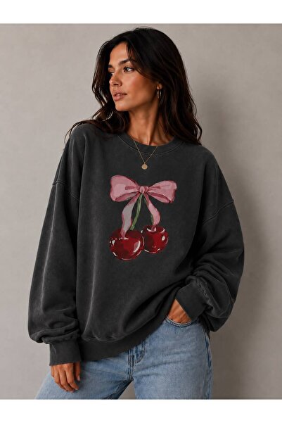 caddekombin Cherry and Ribbon Printed Green Sweatshirt with Hood and Kangaroo...