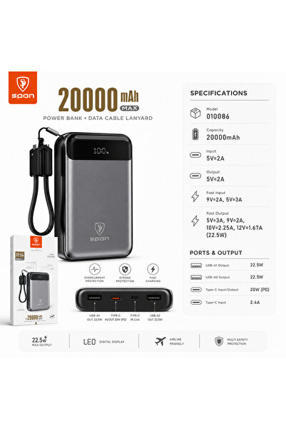 Spon باور بنك سعة 20000mAh شحن سريع 22.5W PD مع كيبل Type-C مدمج قابل للفصل، ...