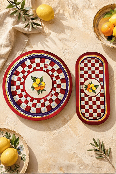 Sarkap Home 34 cm Lemon Design Kırmızı Tepsi ve 16x35 Oval Tepsi Seti