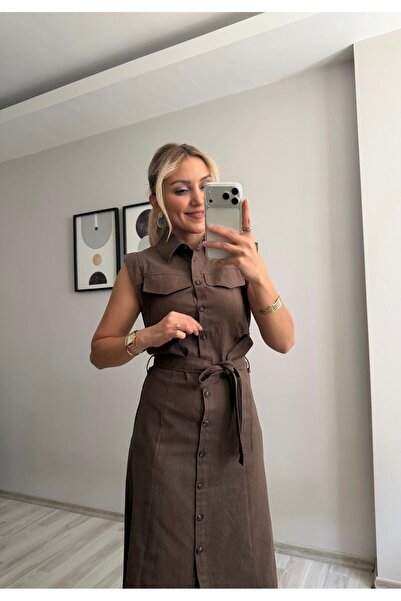 İNVİSUS Boydon Buttoned Zero Sleeve Belted Long Linen Dress