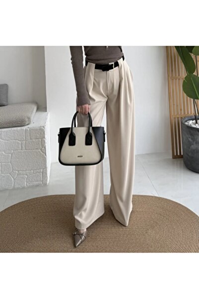 ALANURMODA 3855 Wide Bridge Detailed Arched Trousers Stone