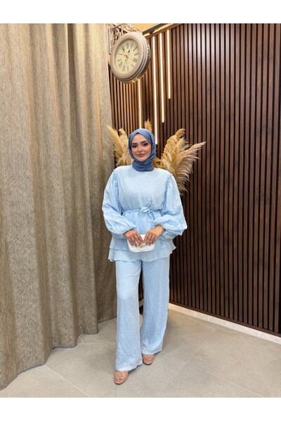 Fashionbox Vina Layered Ruffle Detailed Belted Double Set |   Blue