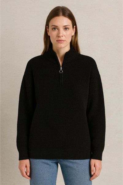 Generic Brand Women's Half-Zip Knit Sweater – Thessaloniki Knit, Stand-Up Collar, Cotton Woven, Oversized Long Sleeve Winter