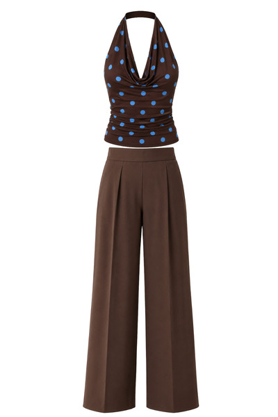 DI LORIA Women's Brown Degaje Collar Polka Dot Blouse & High Waist Palazzo Pa...