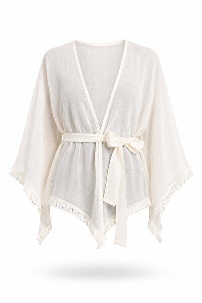 5in1Canpolat Kırık Beyaz Kuşaklı Püsküllü Kimono 5101