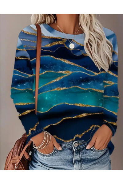 Efnaz style Women's Long Sleeve Crew Neck Patterned Modal Blouse