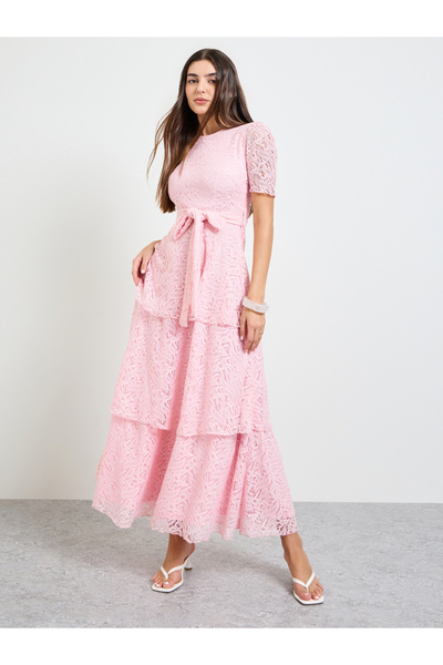 Styli Pink Lace Layered Maxi Dress with Tie-Belt