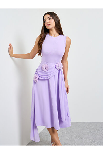 Take Two By Styli Purple Floral Corsage Detail Draped Midi Dress