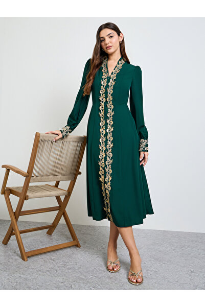 Take Two By Styli Dark Green Lace Detail A-Line Midi Dress