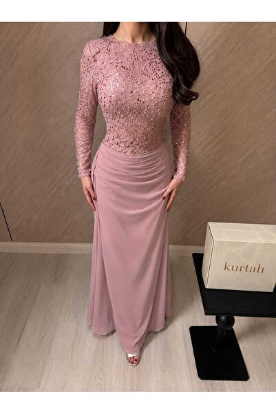 SAMEERAH STYLE Dusty Pink Evening Dress with Sequins and Crystals