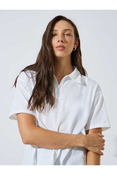 Styli White Relaxed Quarter-Zip Polo T-Shirt