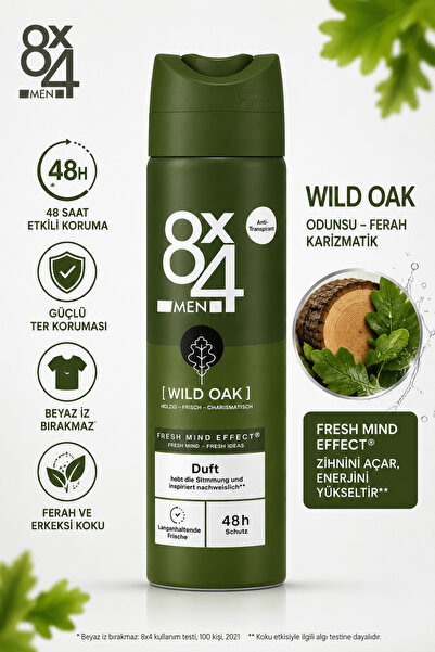 8x4 Men Wild Oak Erkek Deodorant Sprey 150 ml - 48 Saat Terleme Karşıtı Korum...