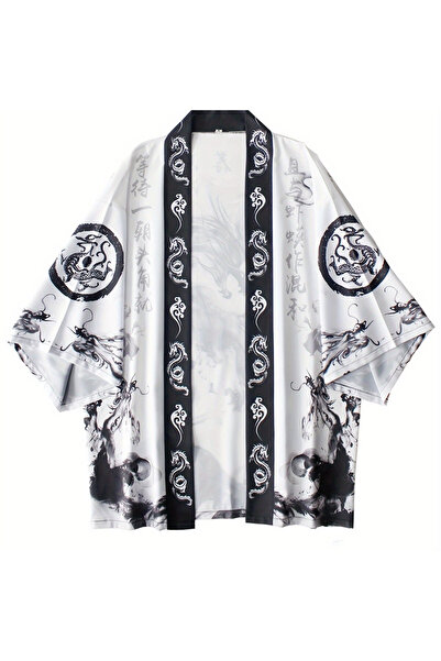 Toum Black Dragon Design Red Black Detailed Unisex Kimono